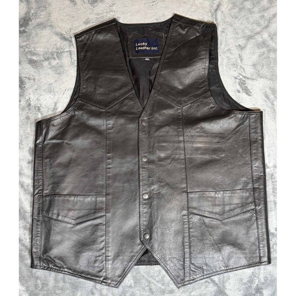 Lucky Leather Inc. Vest Mens 4XL Black Leather Snap Front Biker Lined Motorcycle